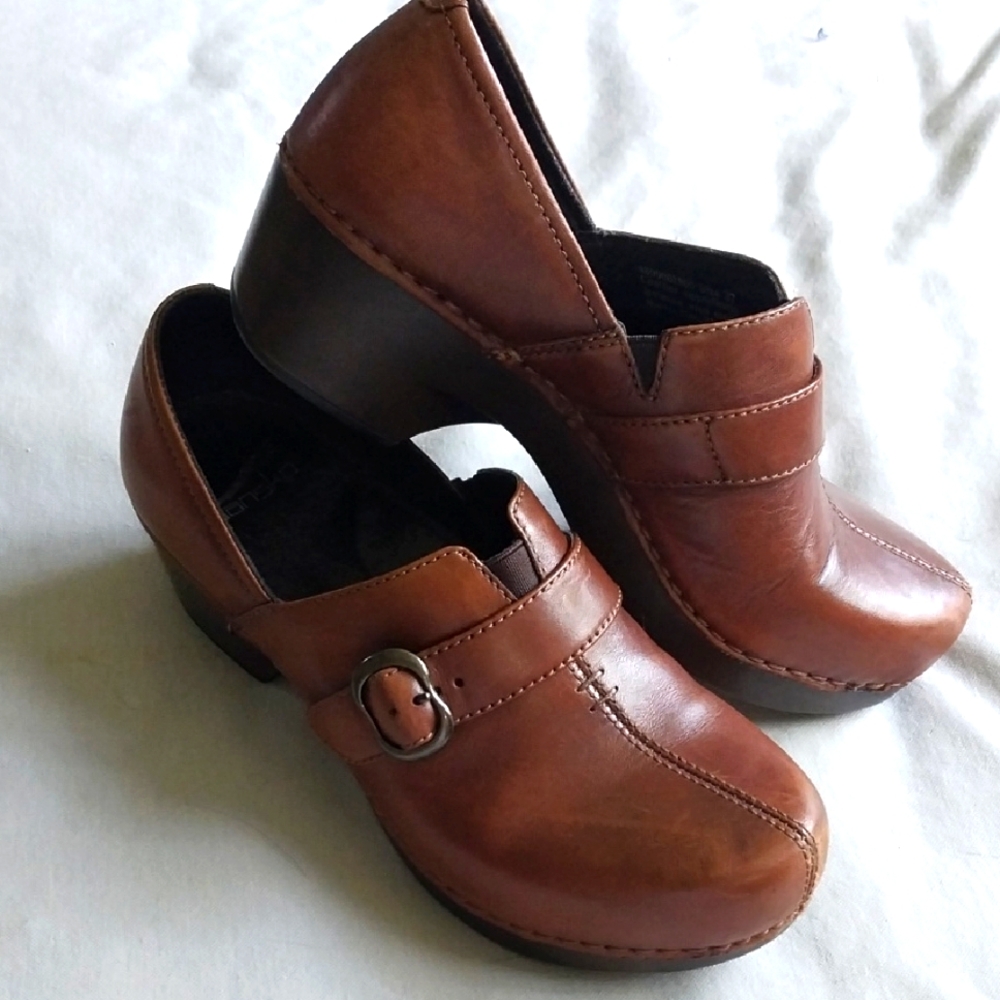 Dansko Brown Leather Clogs Mules with Buckle - Picture 1 of 8